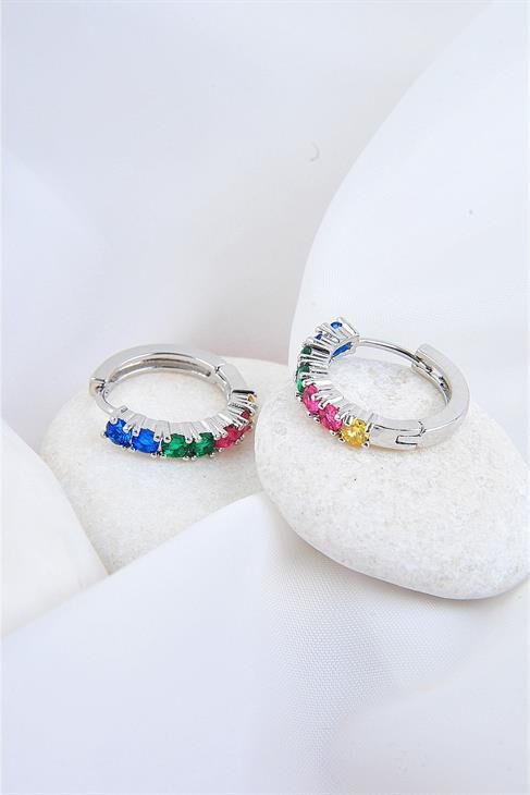 Çok Renkli Zirkon Taşlı Gümüş Kaplamalı Kancalı Küpe