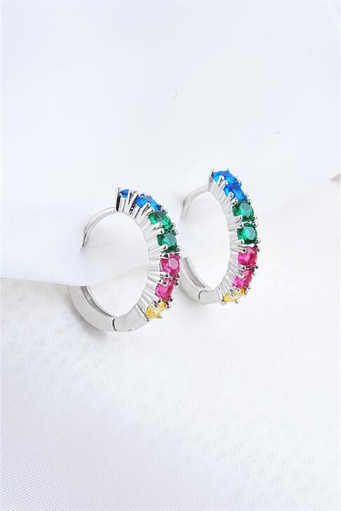 Çok Renkli Zirkon Taşlı Gümüş Kaplamalı Kancalı Küpe