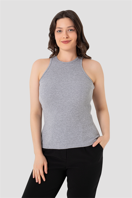 Kadın Pamuklu Fitilli Görünümlü Halter Yaka Basic Gri Atlet