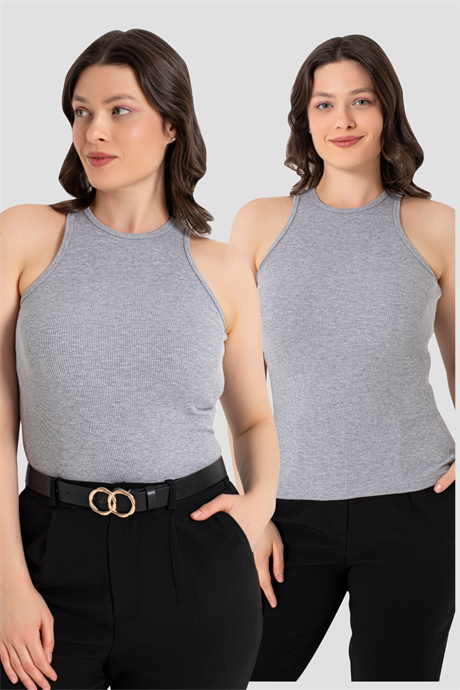 Kadın Pamuklu Fitilli Görünümlü Halter Yaka Basic Gri Atlet 2'li Paket