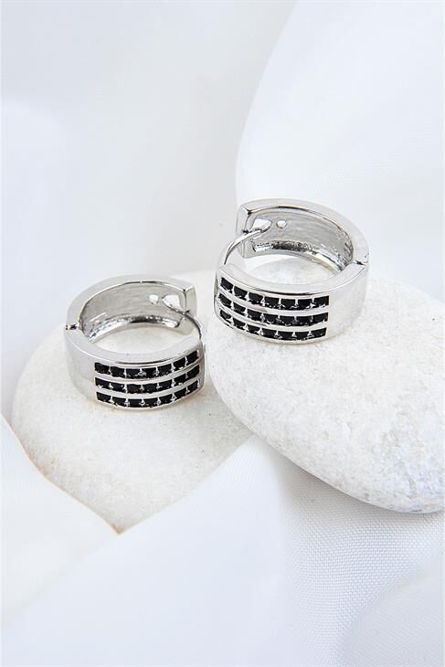 Siyah Zirkon Taşlı Gümüş Kaplamalı Kancalı Küpe