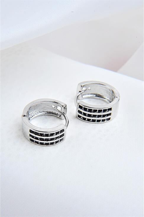 Siyah Zirkon Taşlı Gümüş Kaplamalı Kancalı Küpe