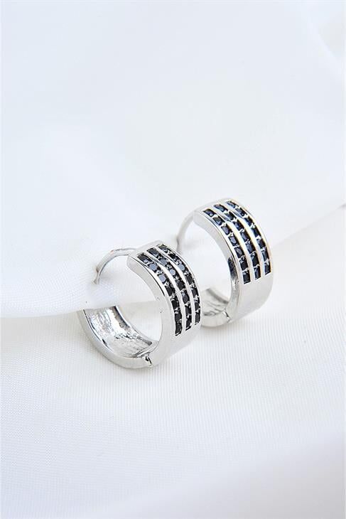 Siyah Zirkon Taşlı Gümüş Kaplamalı Kancalı Küpe