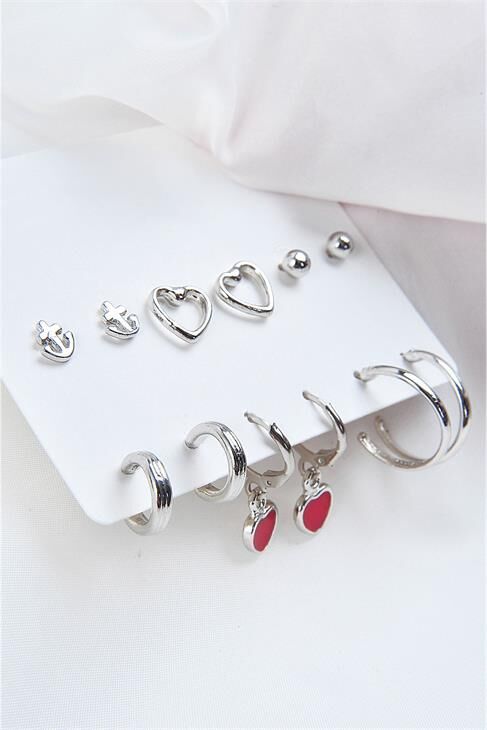 Kalp Ve Çapa Tasarımlı Halka Küpeli 12li Küpe Seti