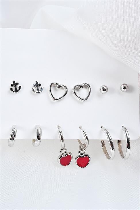 Kalp Ve Çapa Tasarımlı Halka Küpeli 12li Küpe Seti