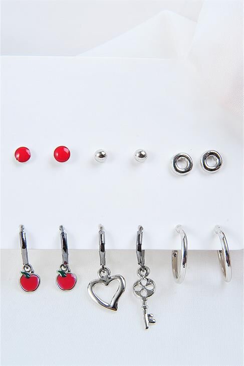 Kalp Ve Anahtar Tasarımlı Halka Küpeli Kadın 12li Küpe Seti