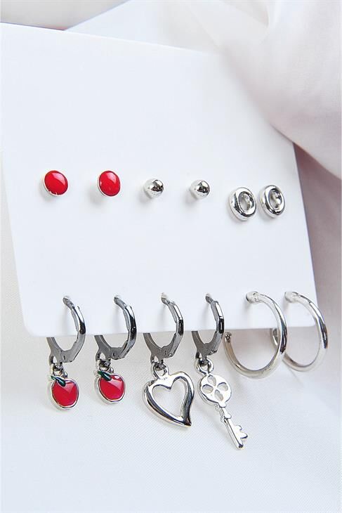 Kalp Ve Anahtar Tasarımlı Halka Küpeli Kadın 12li Küpe Seti