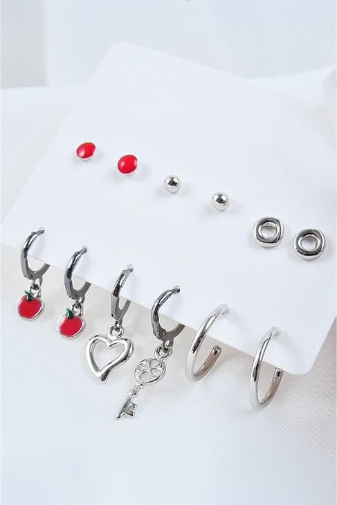 Kalp Ve Anahtar Tasarımlı Halka Küpeli Kadın 12li Küpe Seti