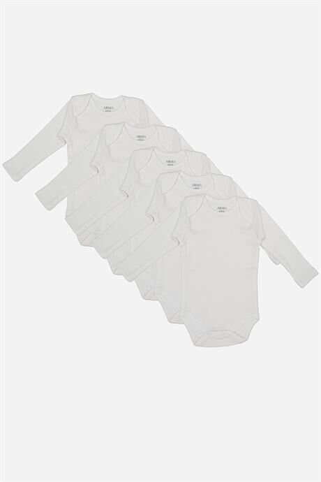 %100 Organik Pamuklu Beyaz Uzun Kollu Bebek Body 5'li Paket