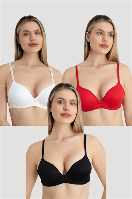 Kadın Dolgulu Destekli Balenli Sütyen 3'lü Set Siyah Beyaz Kırmızı