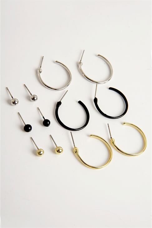 Siyah Gold Ve Gümüş Renkleri Halka Ve Top Küpeli 6lıunisex Küpe Seti