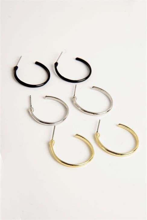 Siyah Gold Ve Gümüş Renkleri Halka Ve Top Küpeli 6lıunisex Küpe Seti