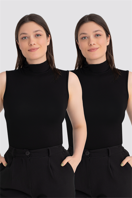 Kadın Siyah Balıkçı Yaka 2'li Kolsuz Body