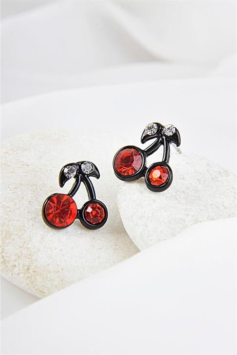 Kiraz Tasarımlı Kırmızı Taşlı Siyah Kaplamalı Vidalı Küpe