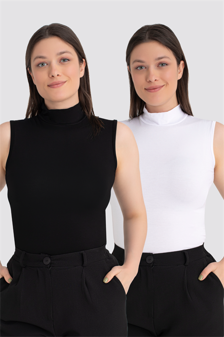 Kadın Beyaz Siyah 2'li Kolsuz Body Balıkçı Yaka