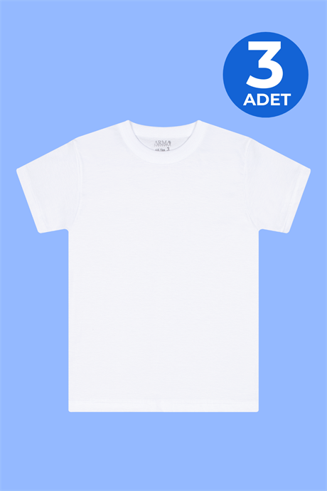 Erkek Çocuk %100 Pamuklu Sıfır Yaka Fanila Tişört 3'lü Paket Beyaz