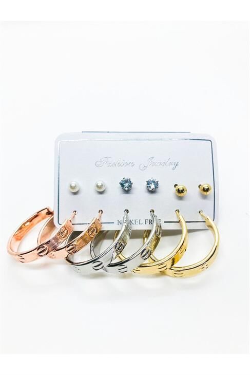 Kartiyer Model Halka Tasarımlı Gold Gümüş Ve Rose Renk Zirkon Inci Ve Top Küpeli Küpe Seti