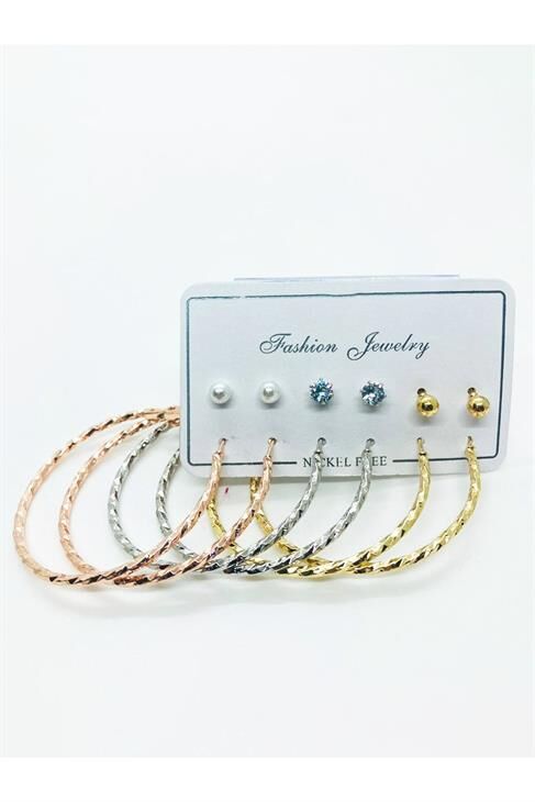 Kıvrımlı Halka Tasarımlı Gold Gümüş Ve Rose Renk Zirkon Inci ve Top Küpeli Küpe Seti