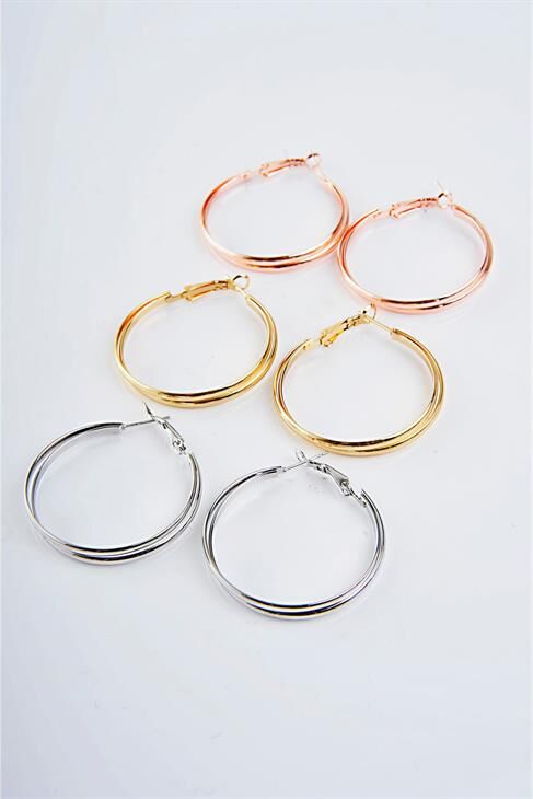 Çift Sıralı Halka Tasarımlı Gold Gümüş Ve Rose Renk Sade Halka Set