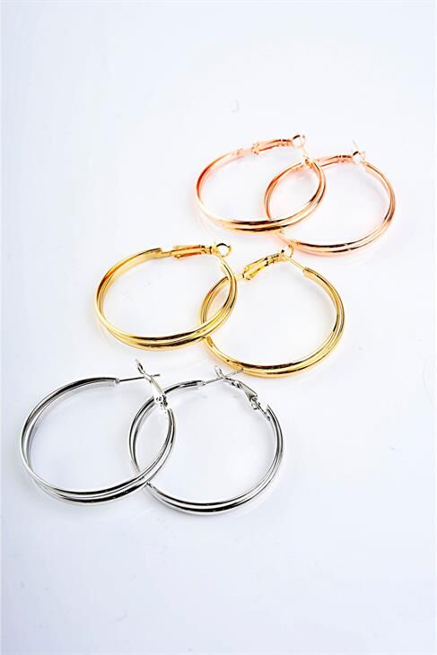 Çift Sıralı Halka Tasarımlı Gold Gümüş Ve Rose Renk Sade Halka Set