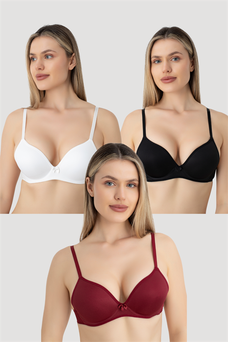 Kadın Dolgusuz Balenli 3 Adet Sütyen Bordo Beyaz Siyah