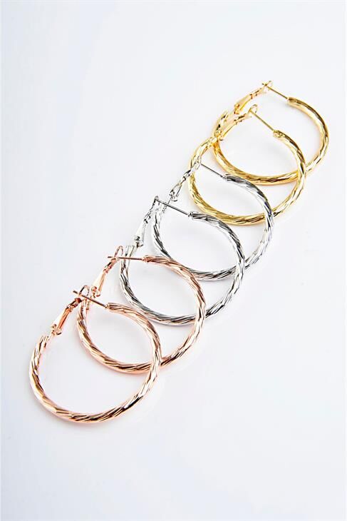 Tırtıklı Halka Tasarımlı Gold Gümüş Ve Rose Renk Sade Halka Set