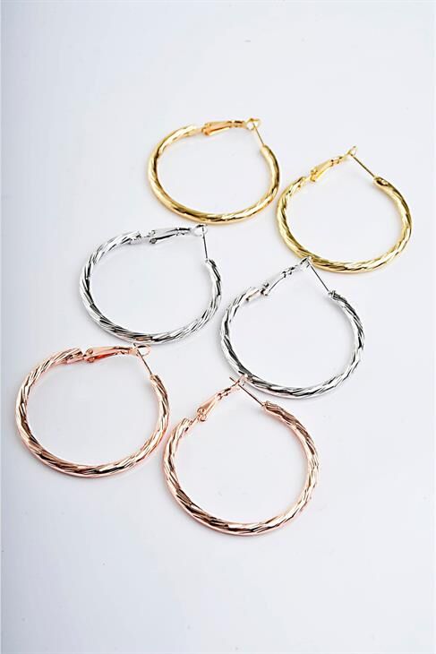 Tırtıklı Halka Tasarımlı Gold Gümüş Ve Rose Renk Sade Halka Set