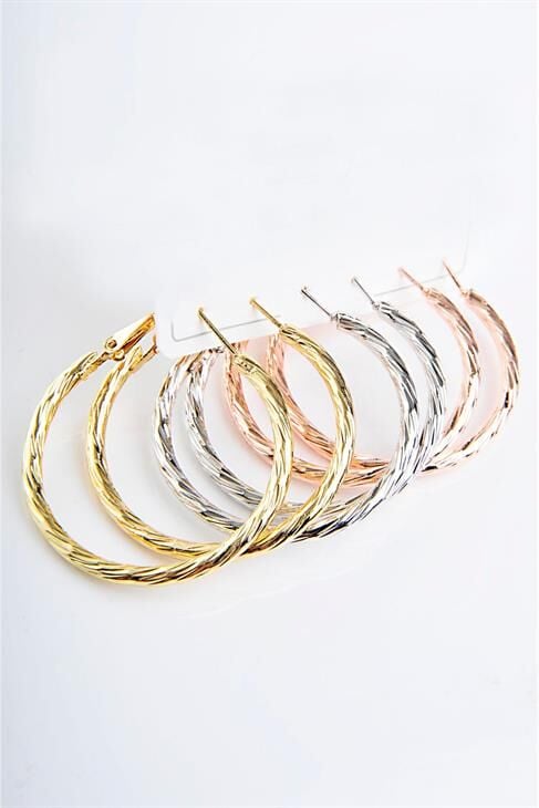 Tırtıklı Halka Tasarımlı Gold Gümüş Ve Rose Renk Sade Halka Set