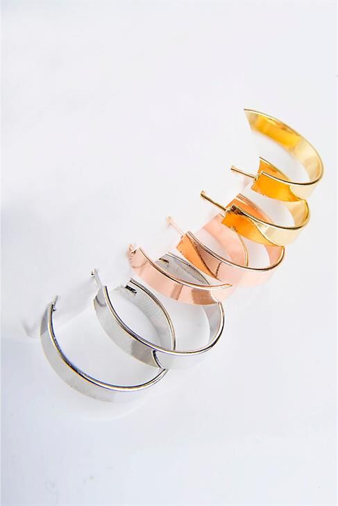 Sade Kalın Halka Tasarımlı Gold Gümüş Ve Rose Renk Sade Halka Set