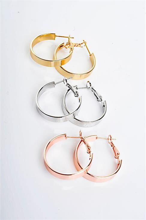 Sade Kalın Halka Tasarımlı Gold Gümüş Ve Rose Renk Sade Halka Set