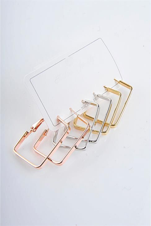 Dikdörtgen Tasarımlı Gold Gümüş Ve Rose Renk Sade Halka Set