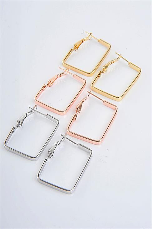 Dikdörtgen Tasarımlı Gold Gümüş Ve Rose Renk Sade Halka Set