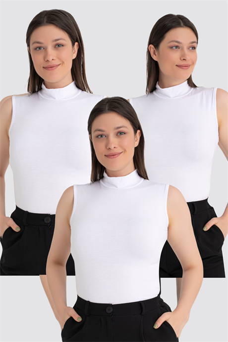 Kadın Beyaz Balıkçı Yaka Kolsuz Body 3'lü Paket