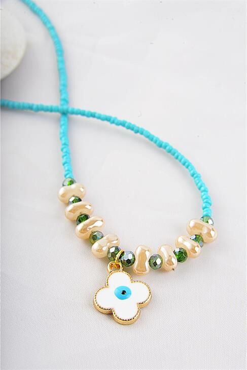 Çiçekli Boncuklu Nazar Tasarımlı Kolye