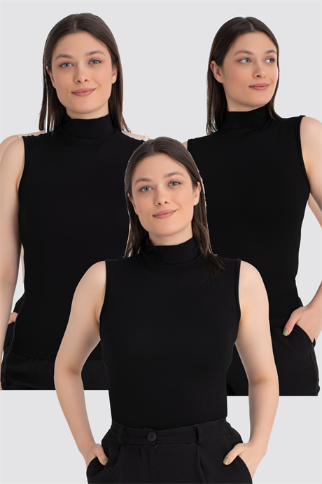 Kadın Siyah Balıkçı Yaka Kolsuz Body 3'lü Paket