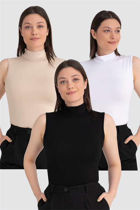 Kadın Siyah Beyaz Ten Balıkçı Yaka Kolsuz Body 3'lü Paket