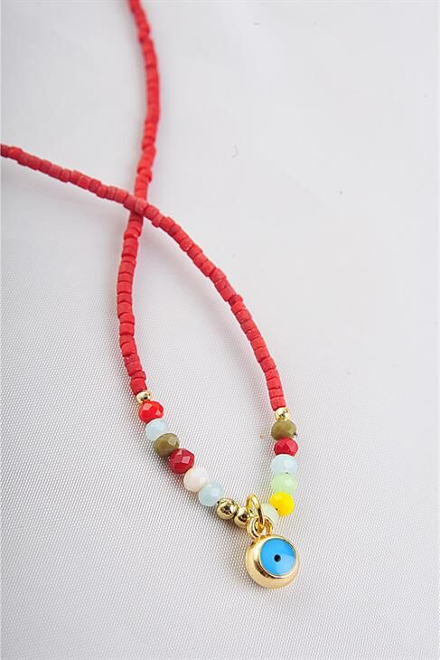 Kırmızı Boncuklu Nazar Tasarımlı Kolye
