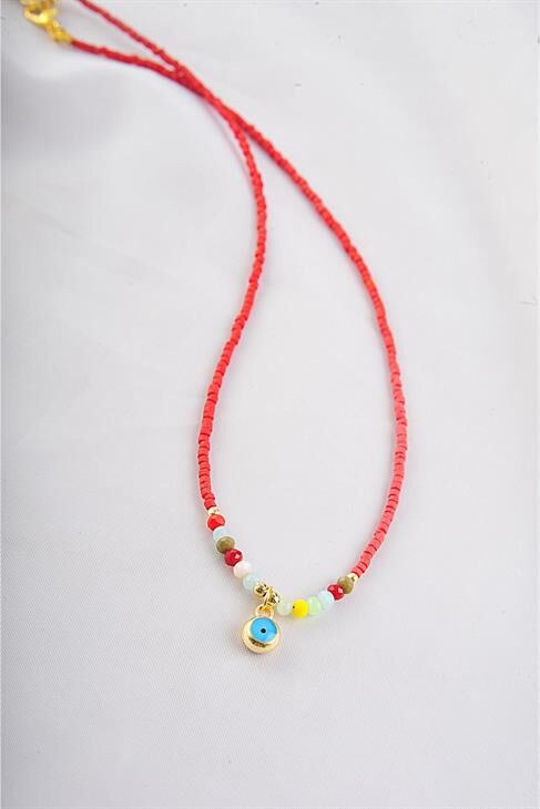 Kırmızı Boncuklu Nazar Tasarımlı Kolye