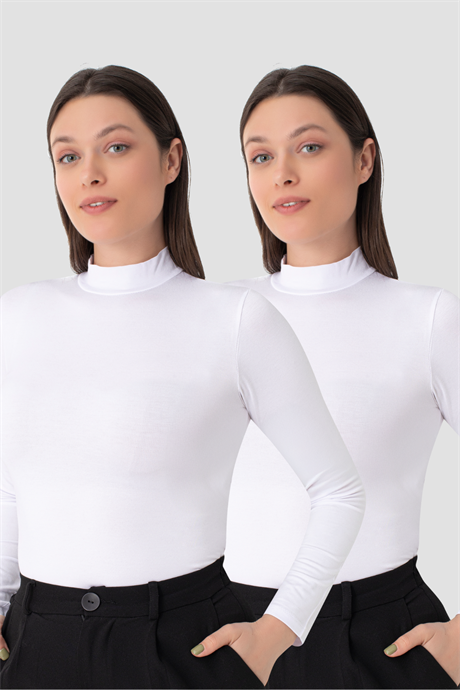 Kadın Beyaz Balıkçı Yaka Uzun Kollu Body 2'li Paket