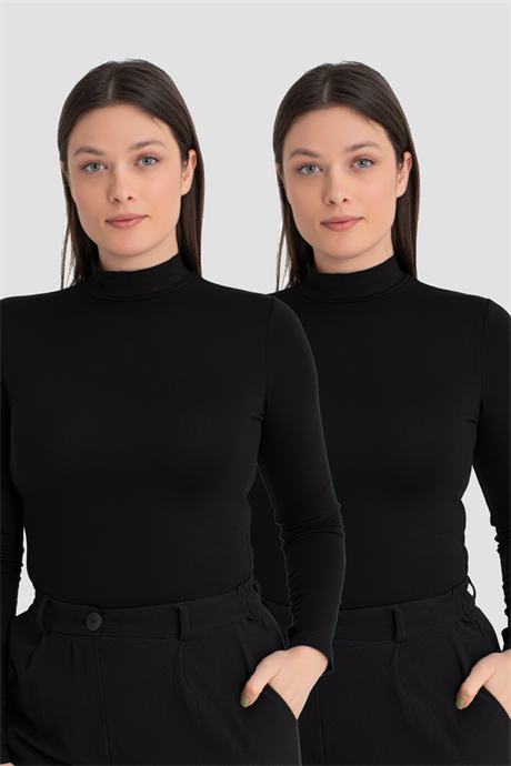 Kadın Siyah Balıkçı Yaka Uzun Kollu Body 2'li Paket