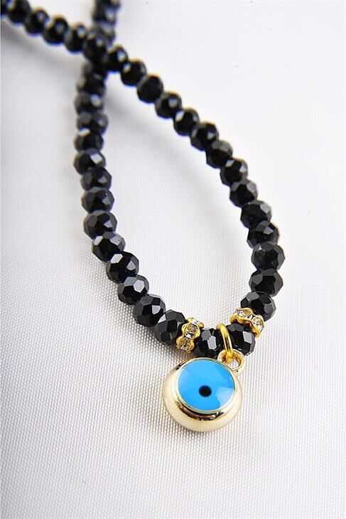 Siyah Boncuklu Nazar Tasarımlı Kolye
