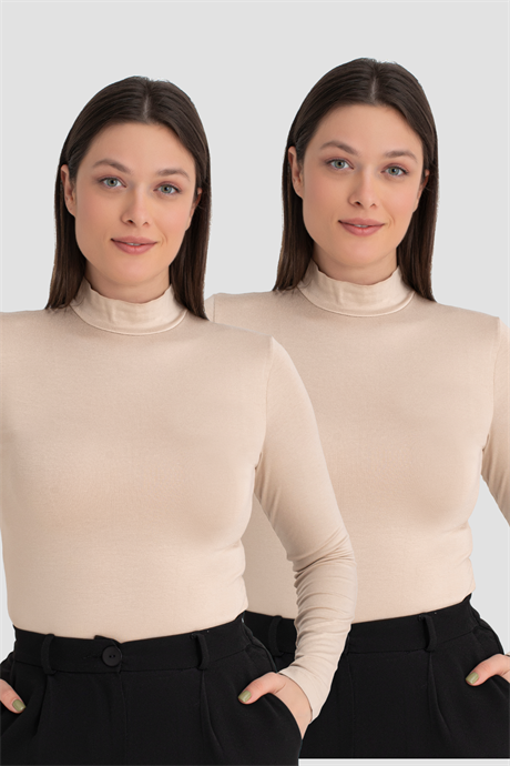 Kadın Ten Balıkçı Yaka Uzun Kollu Body 2'li Paket