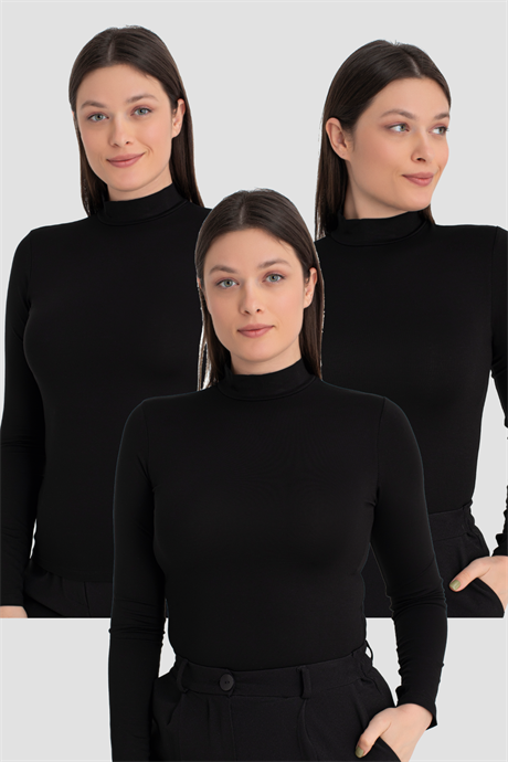 Kadın Siyah Balıkçı Yaka Uzun Kollu Body 3 Adet
