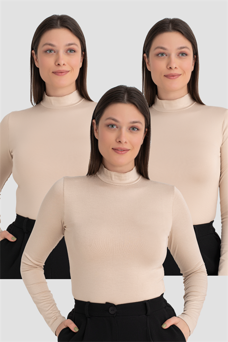 Kadın Ten Balıkçı Yaka Uzun Kollu Body 3 Adet