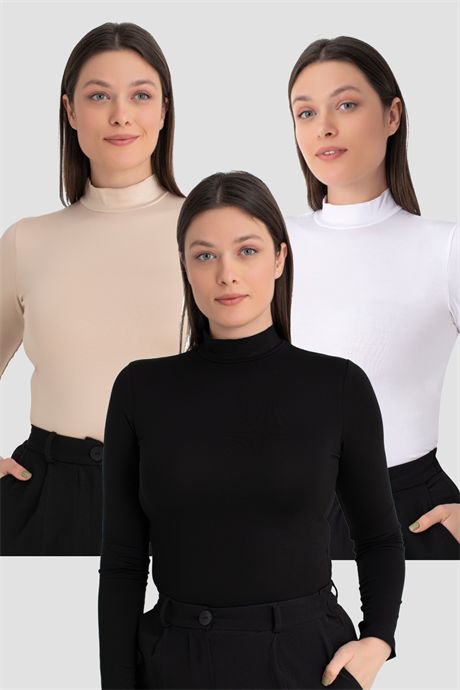 Kadın Beyaz Siyah Ten Balıkçı Yaka Uzun Kollu Body 3 Adet