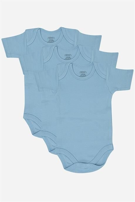 %100 Organik Pamuk 3'lü Mavi Kısa Kollu Bebek Çıtçıtlı Zıbın Body