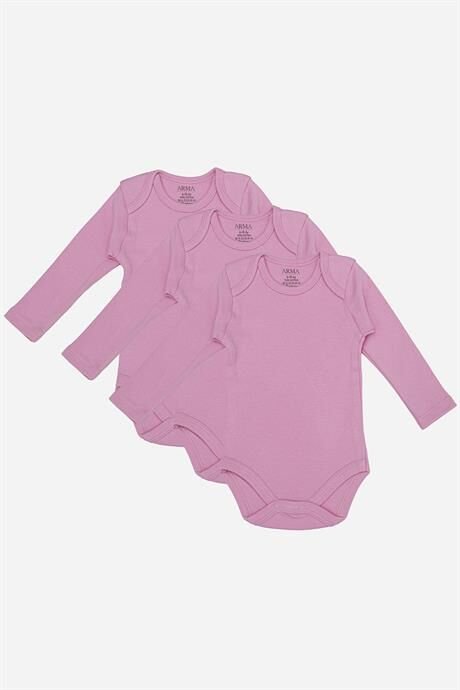 %100 Organik Pamuk 3'lü Pembe Uzun Kollu Bebek Çıtçıtlı Zıbın Body