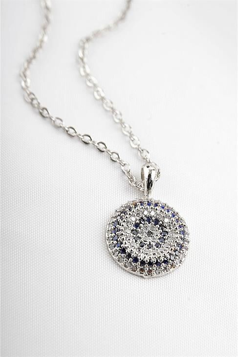 Kutulu Nazar Tasarımlı Mavi Zirkon Taşlı Kolye