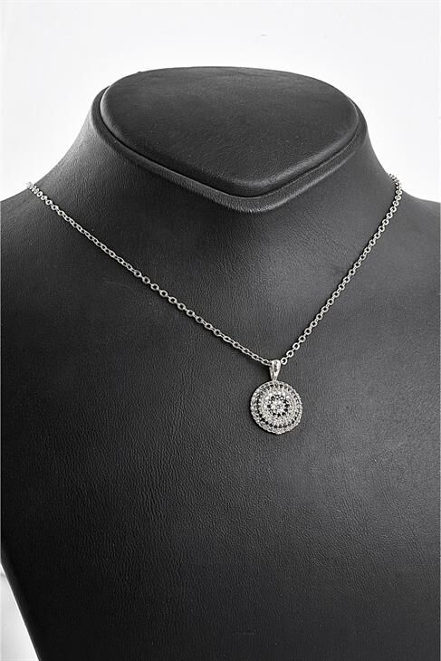 Kutulu Nazar Tasarımlı Mavi Zirkon Taşlı Kolye