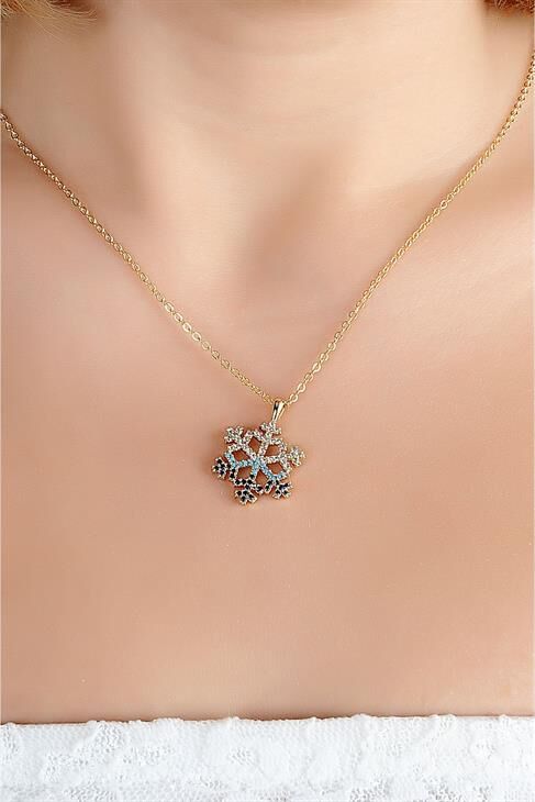 Kutulu Kar Tanesi Tasarımlı Mavi Zirkon Taşlı Kolye